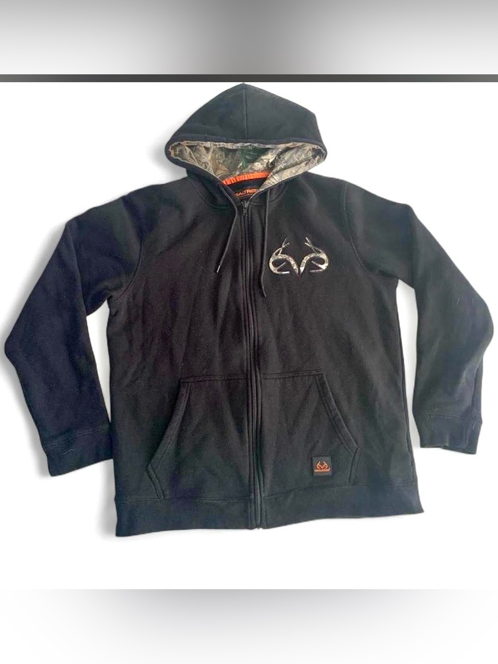 Realtree Zip Up Black Hoodie with Orange Accents and Camo Lining